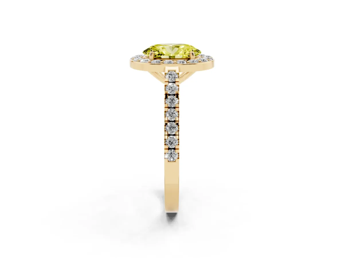 Fancy Yellow Oval Cut Diamond Halo Ring with Round Pavé Split Shank and Prong Setting Yellow gold