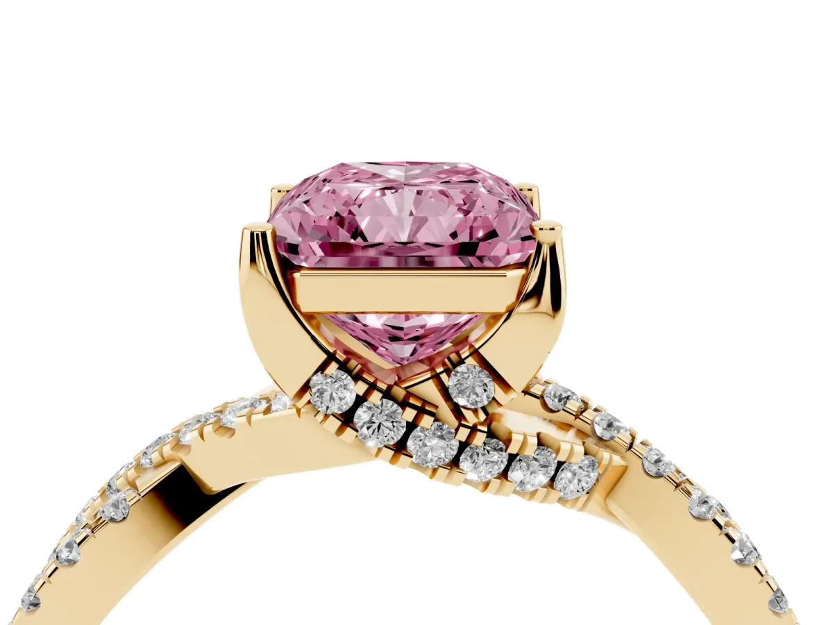 Fancy Pink Radiant Cut Solitaire Twist Pave Diamond Engagement Ring with Prong Setting Yellow gold