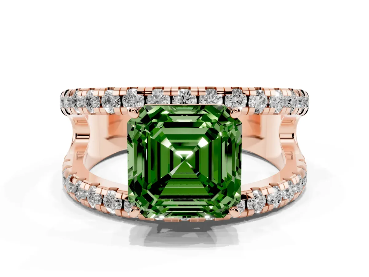 Fancy Green Asscher Cut Solitaire Split Shank Pave Diamond Ring Rose gold
