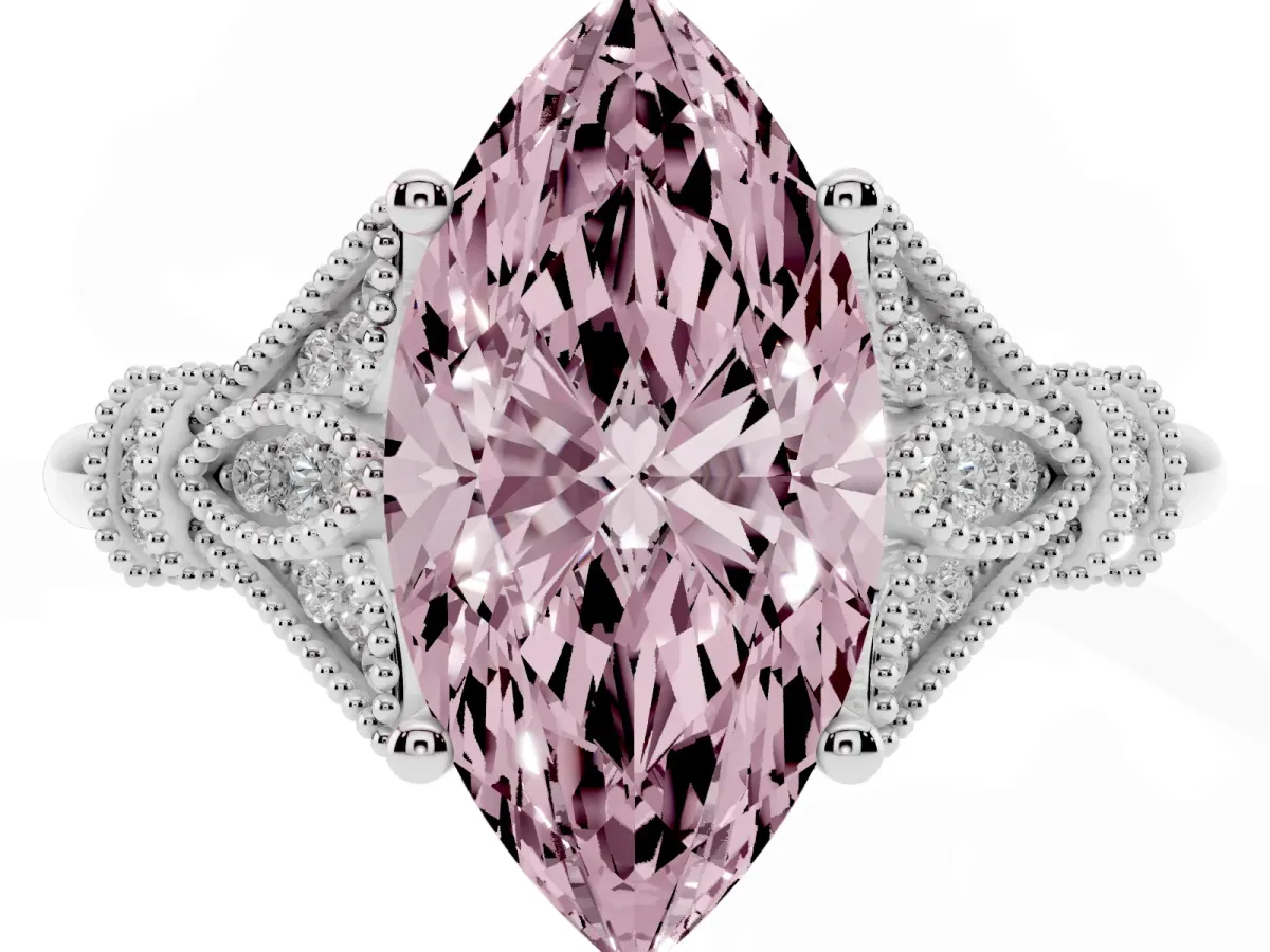 Fancy Pink Marquise Cut Diamond Solitaire Ring with Floral Filigree and Pave Accents Platinum