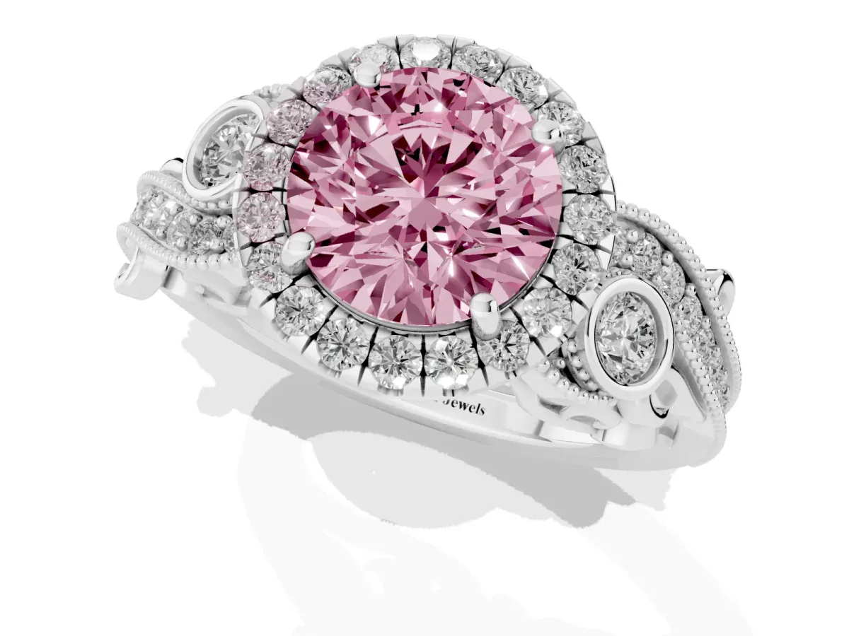 Fancy Pink Round Cut Diamond Halo Ring with Milgrain Pavé Band and Four-Prong Setting Silver