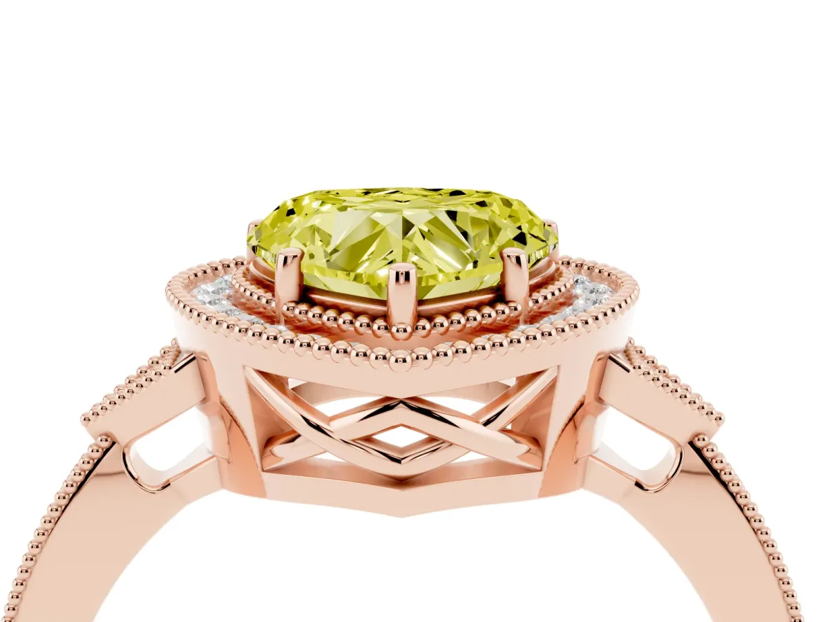 Fancy Yellow Heart Cut Halo Round Diamond Milgrain Pave Engagement Ring Rose gold