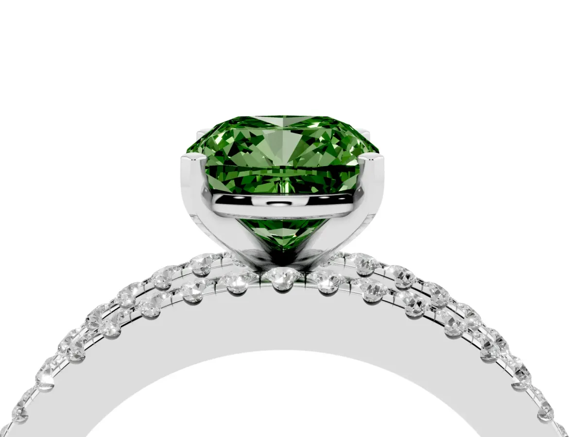 Fancy Green Cushion Cut Diamond Solitaire Ring with Pavé and Channel Set Band Platinum