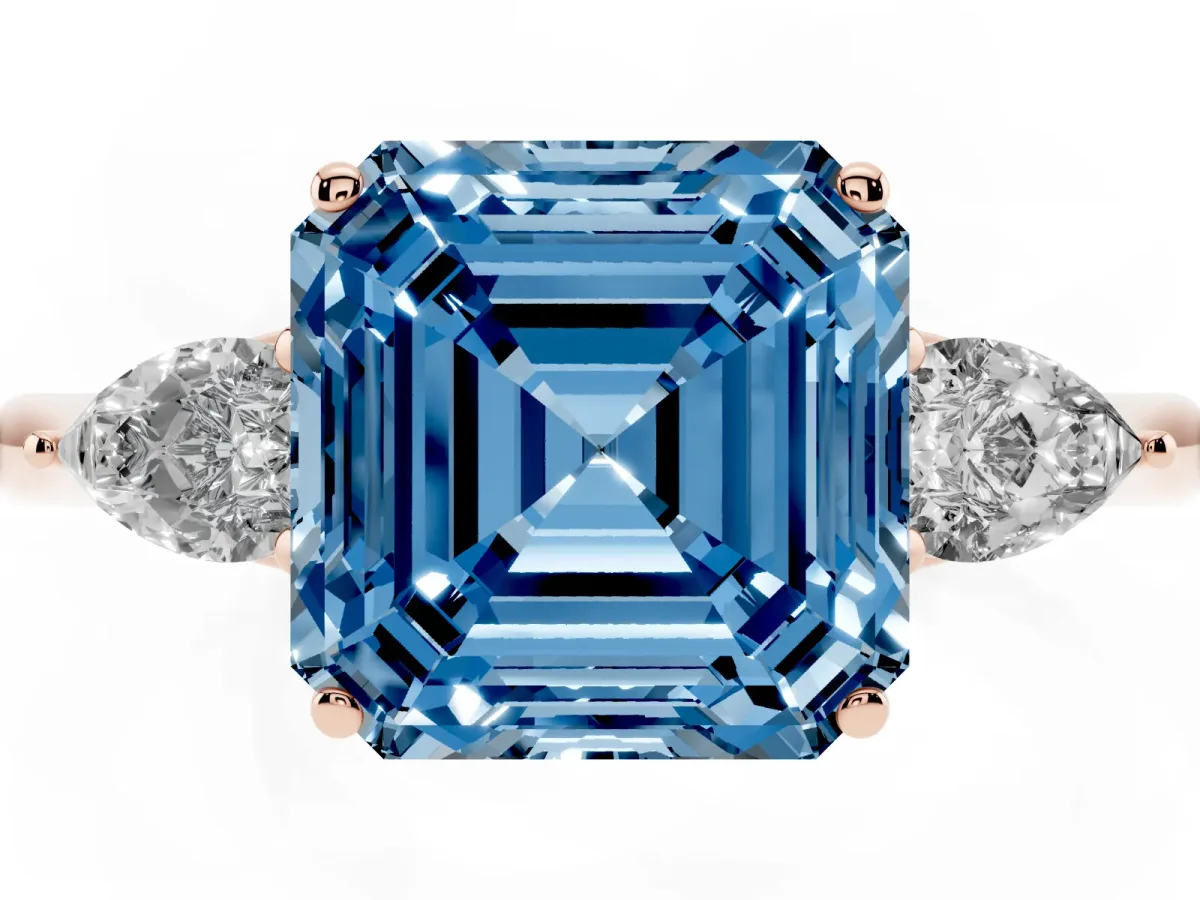 Fancy Blue Asscher Cut Diamond Three-Stone Ring with Pear Side Stones and Prong Setting Rose gold