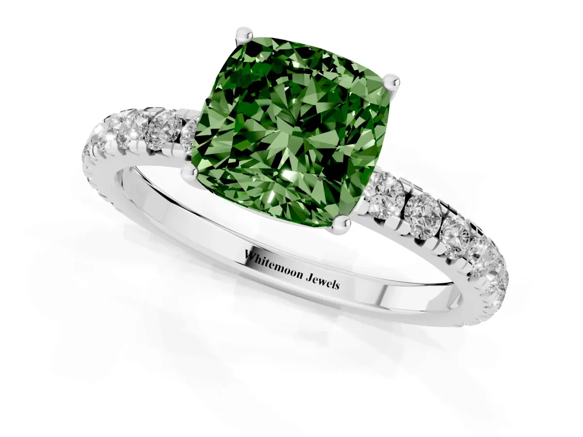 Fancy Green Cushion Cut Diamond Pavé Solitaire Engagement Ring with Four-Prong Setting Silver