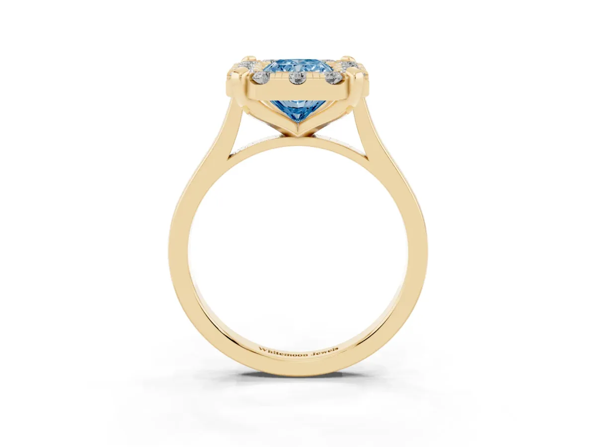 Fancy Blue Radiant Cut Diamond Cluster Halo Solitaire with Four-Prong Setting Yellow gold