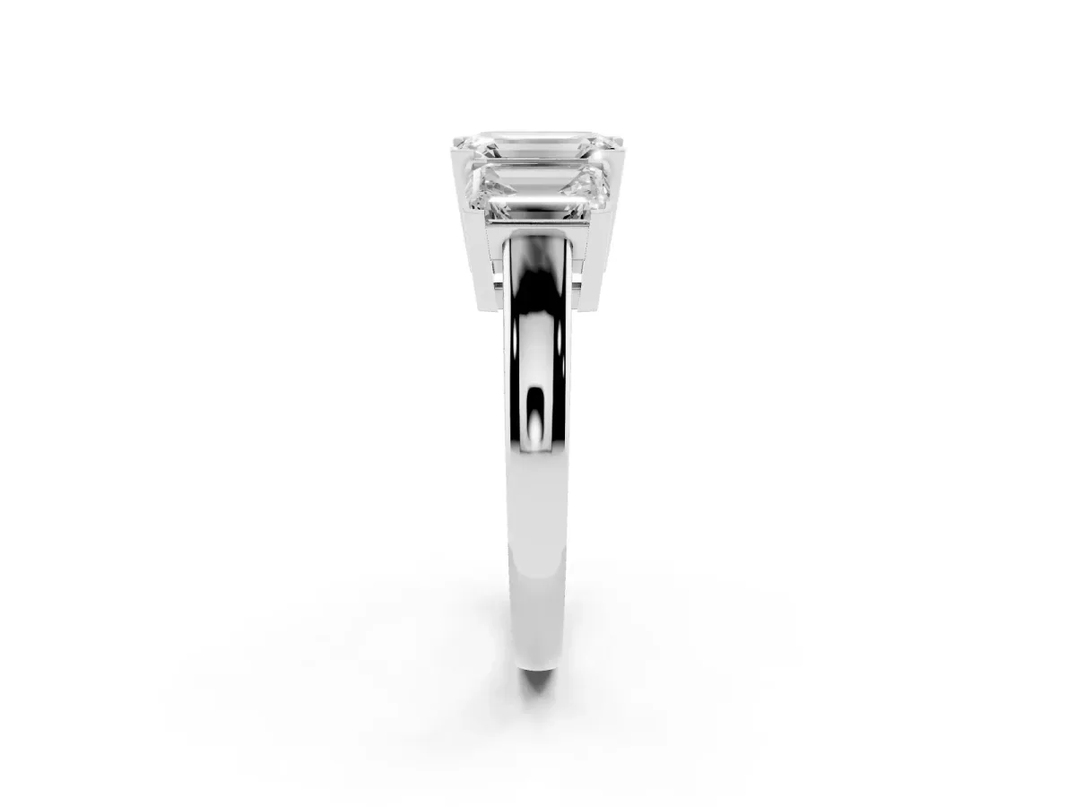 Three-Stone Emerald Cut Cut Diamond Ring with Channel Set Band and Four-Prong Setting Silver