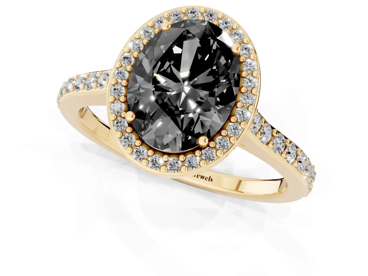 Fancy Black Oval Cut Diamond Halo Engagement Ring with Round Pavé Shoulders and Prong Setting Yellow gold