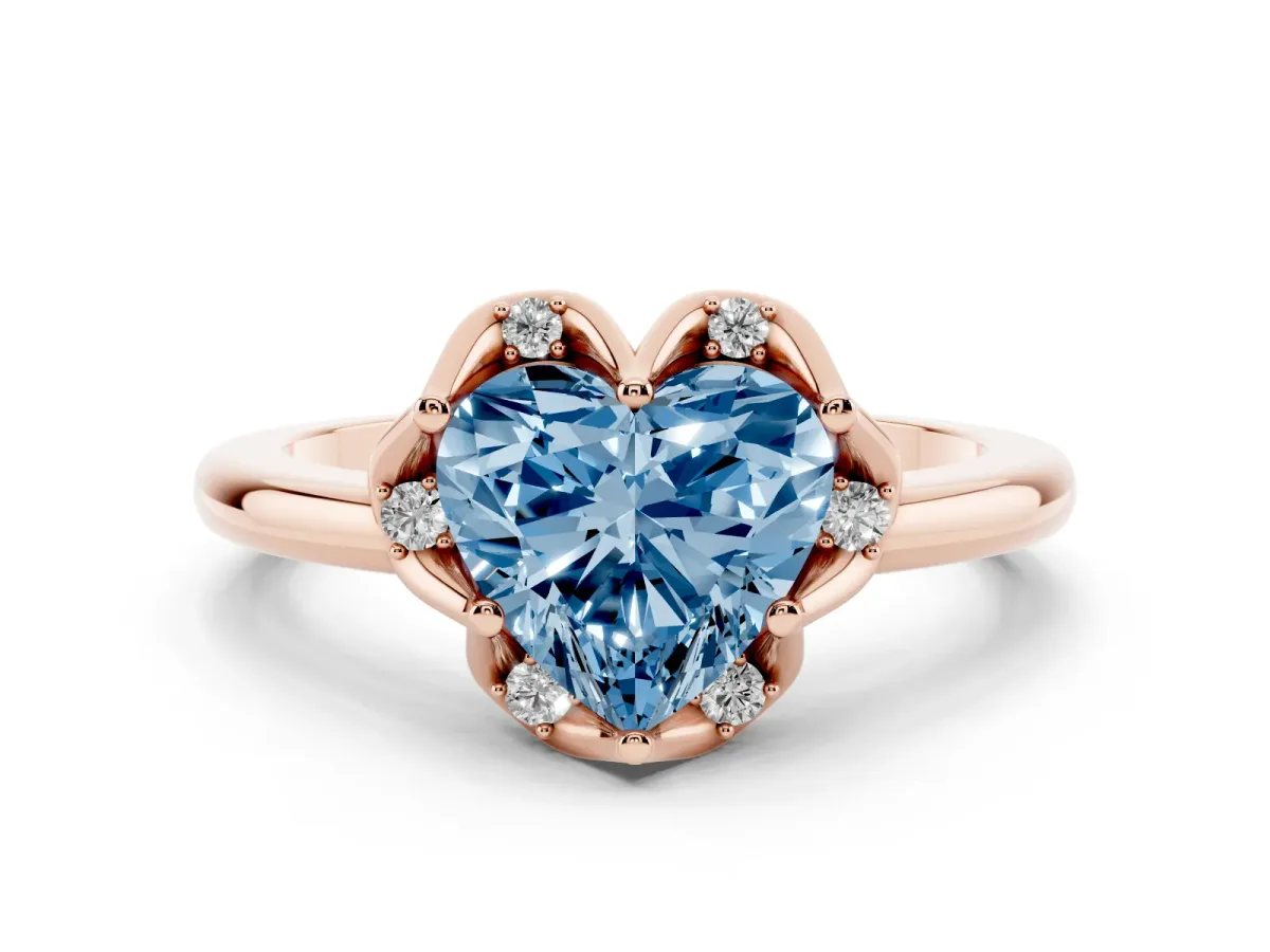 Fancy Blue Heart Cut Halo Diamond Ring with Round Cluster Setting, Solitaire Band, and Four-Prong Setting Rose gold