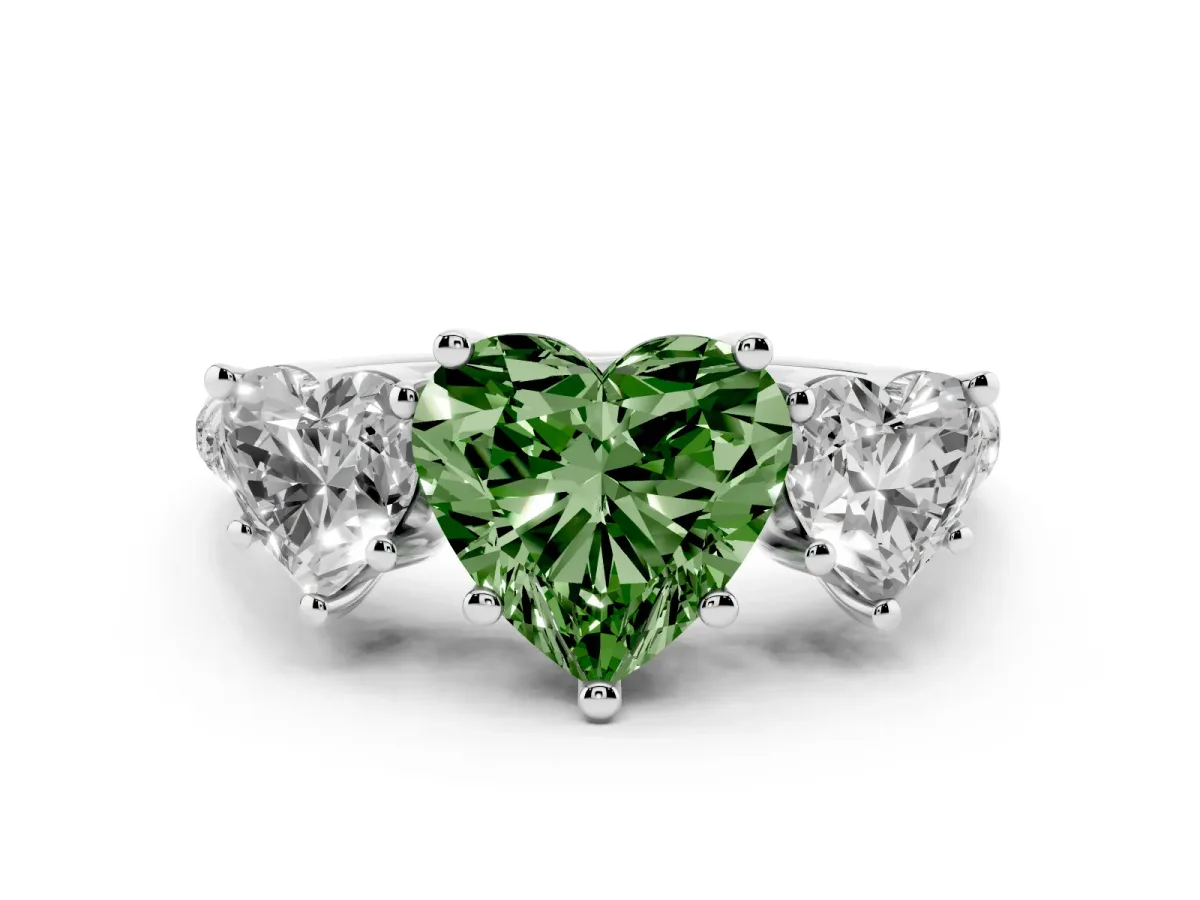 Fancy Green Three-Stone Heart Cut Diamond Ring with Round Pavé Band and Prong Setting Silver