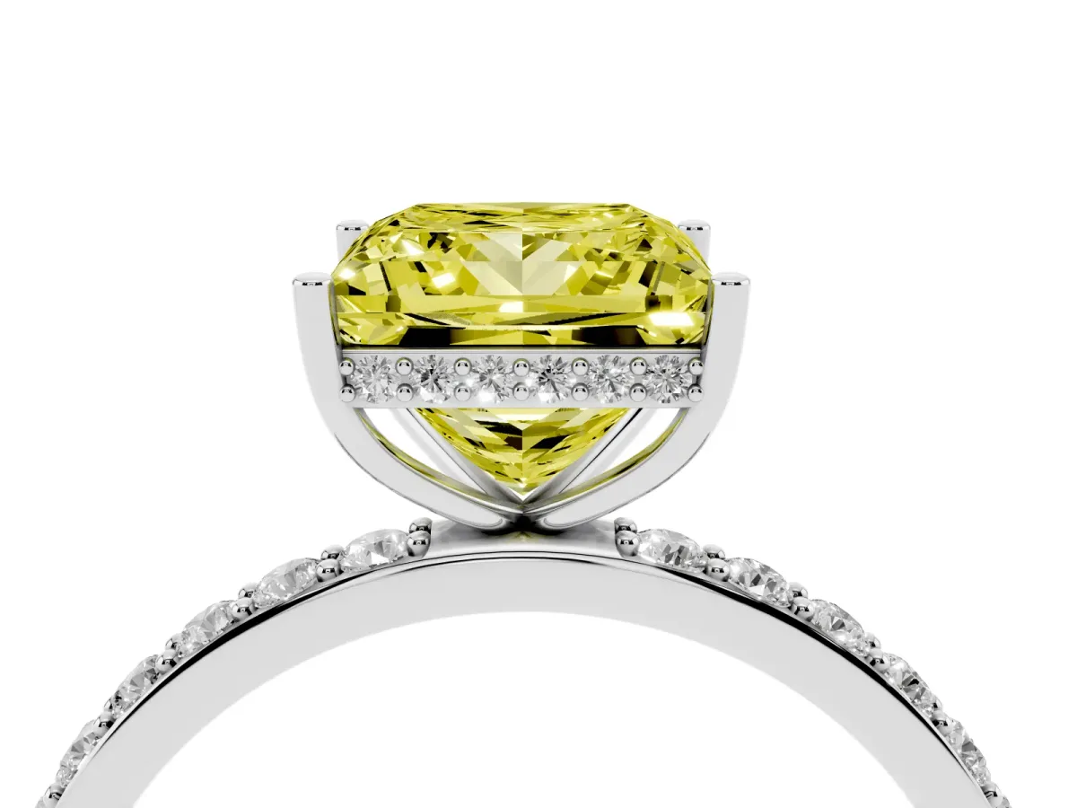 Fancy Yellow Princess Cut Diamond Solitaire Ring with Pavé Band and Hidden Halo Silver