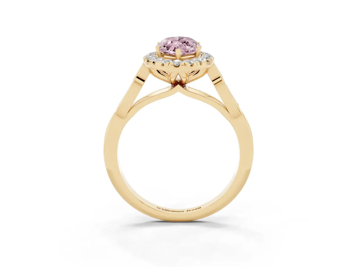 Fancy Pink Marquise Cut Halo Diamond Engagement Ring with Filigree Band and Four-Prong Setting Yellow gold