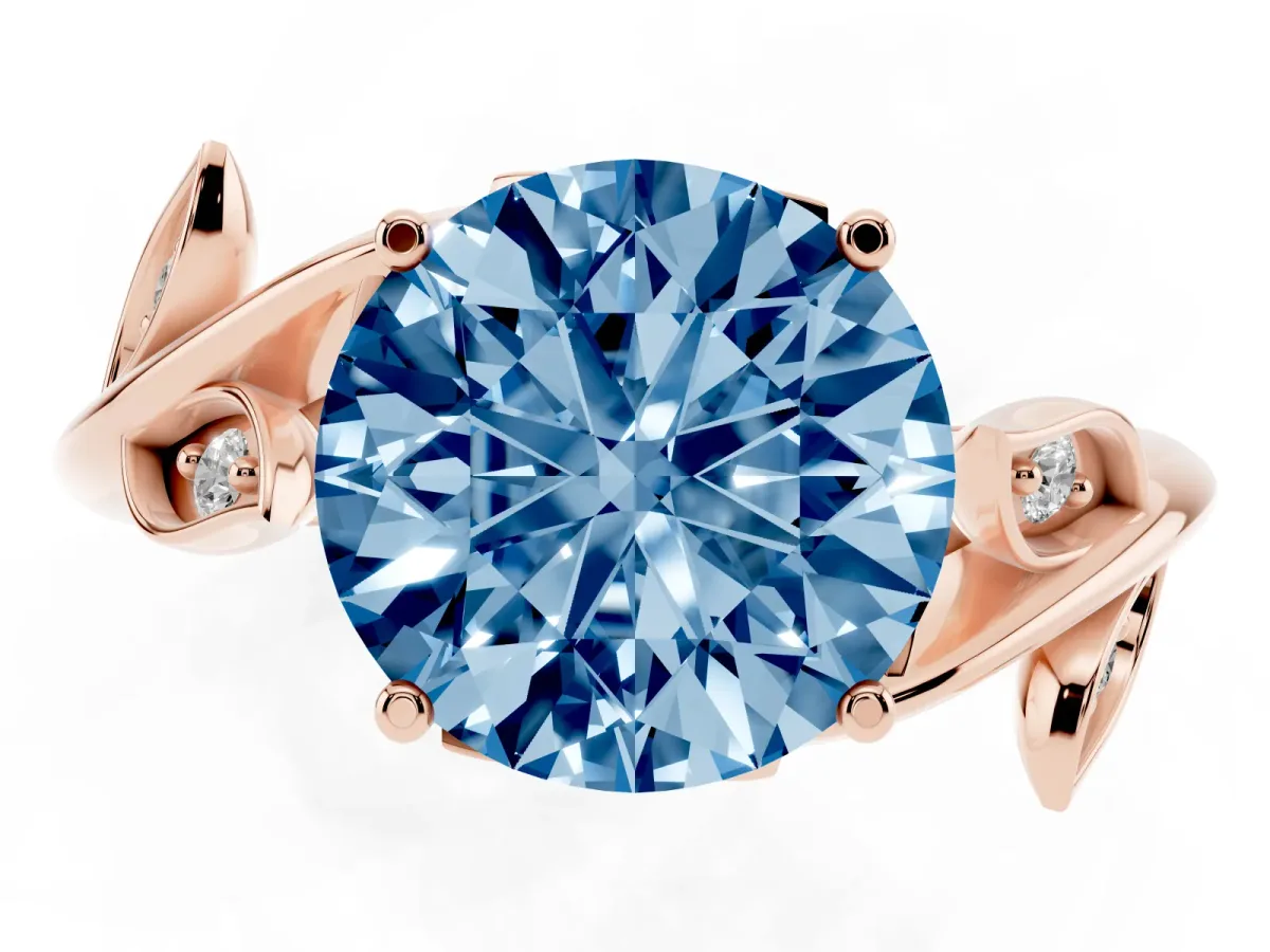 Fancy Blue Round Cut Solitaire Twist Engagement Ring with Leaf Accents and Prong Setting Rose gold