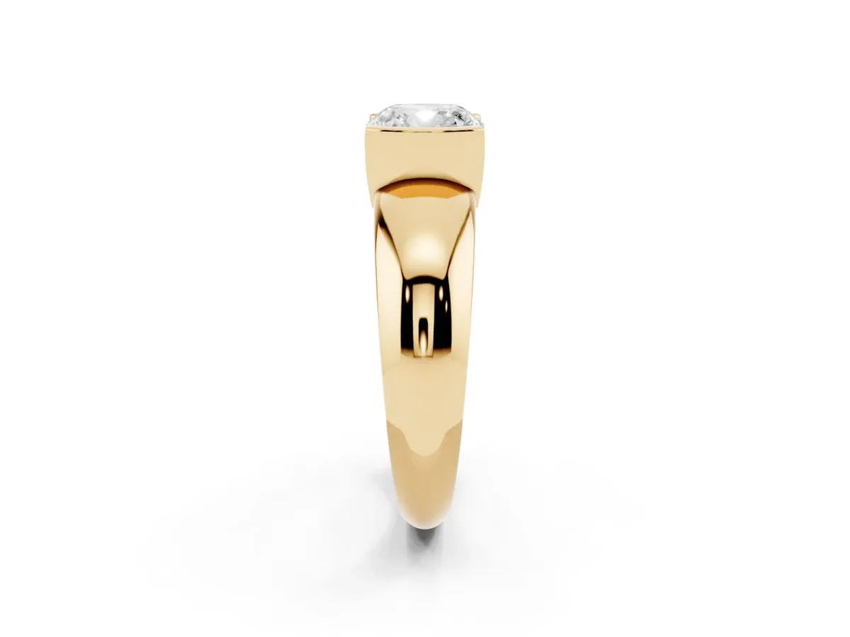 Cushion Cut Solitaire Tension Set Diamond Ring with Wide Band Yellow gold