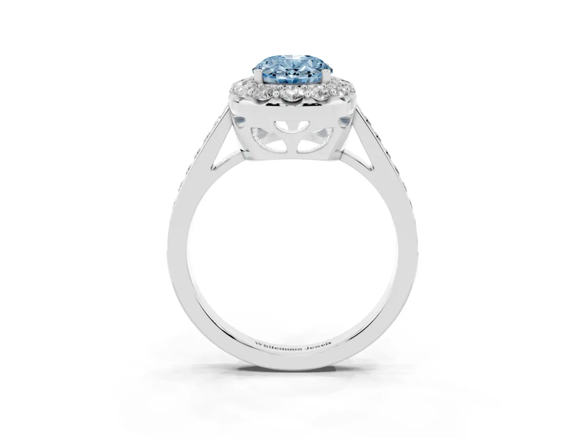 Fancy Blue Oval Cut Diamond Floral Halo Ring with Pavé Band and Prong Setting Silver