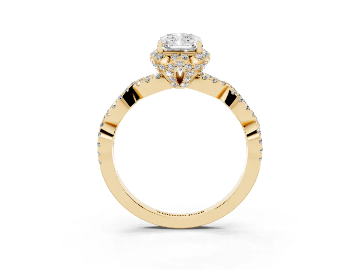 Radiant Cut Halo Twist Band Solitaire Ring with Six-Prong Setting Yellow gold