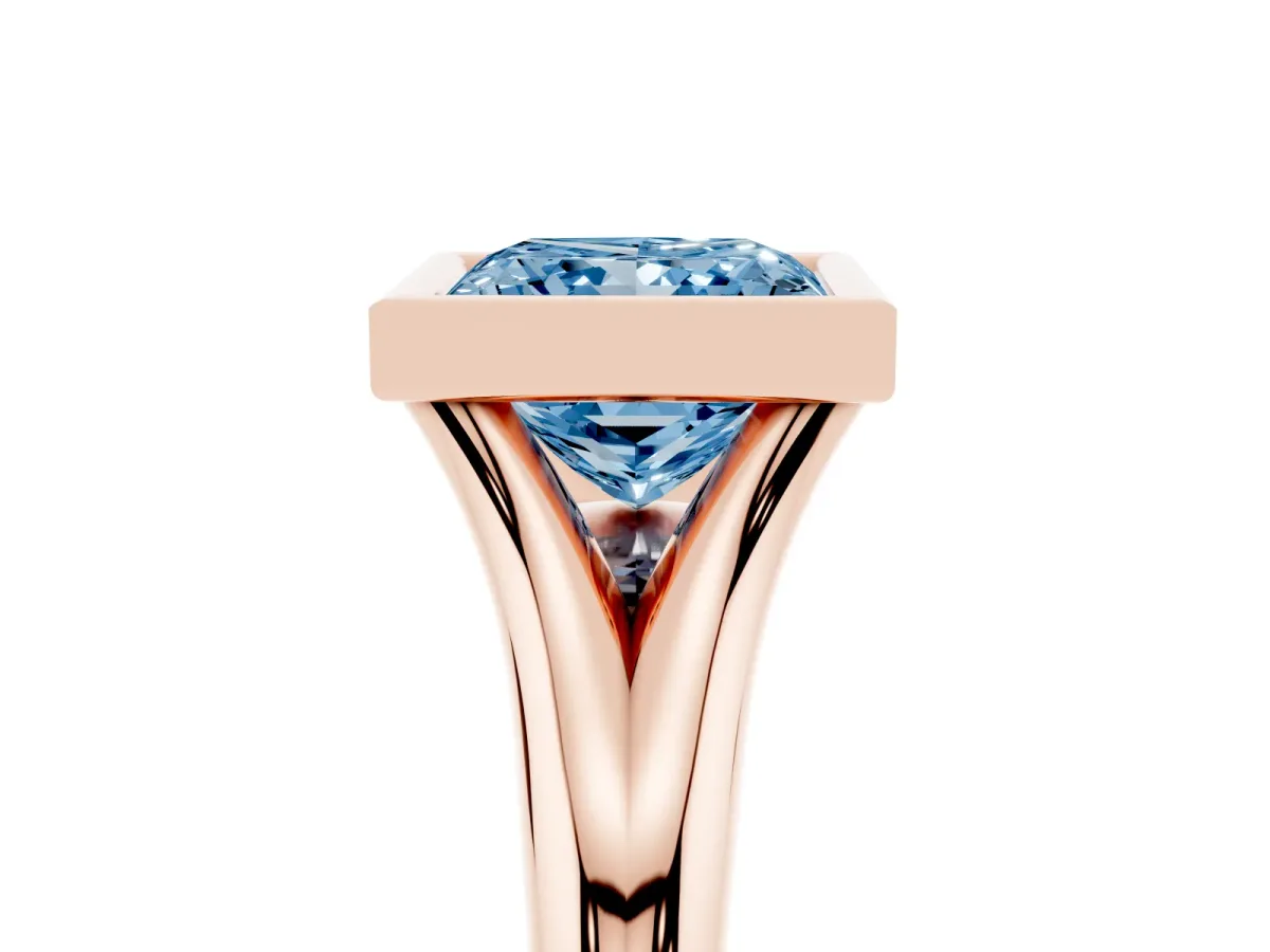 Fancy Blue Bezel Set Princess Cut Solitaire Diamond Ring with Smooth Band Rose gold