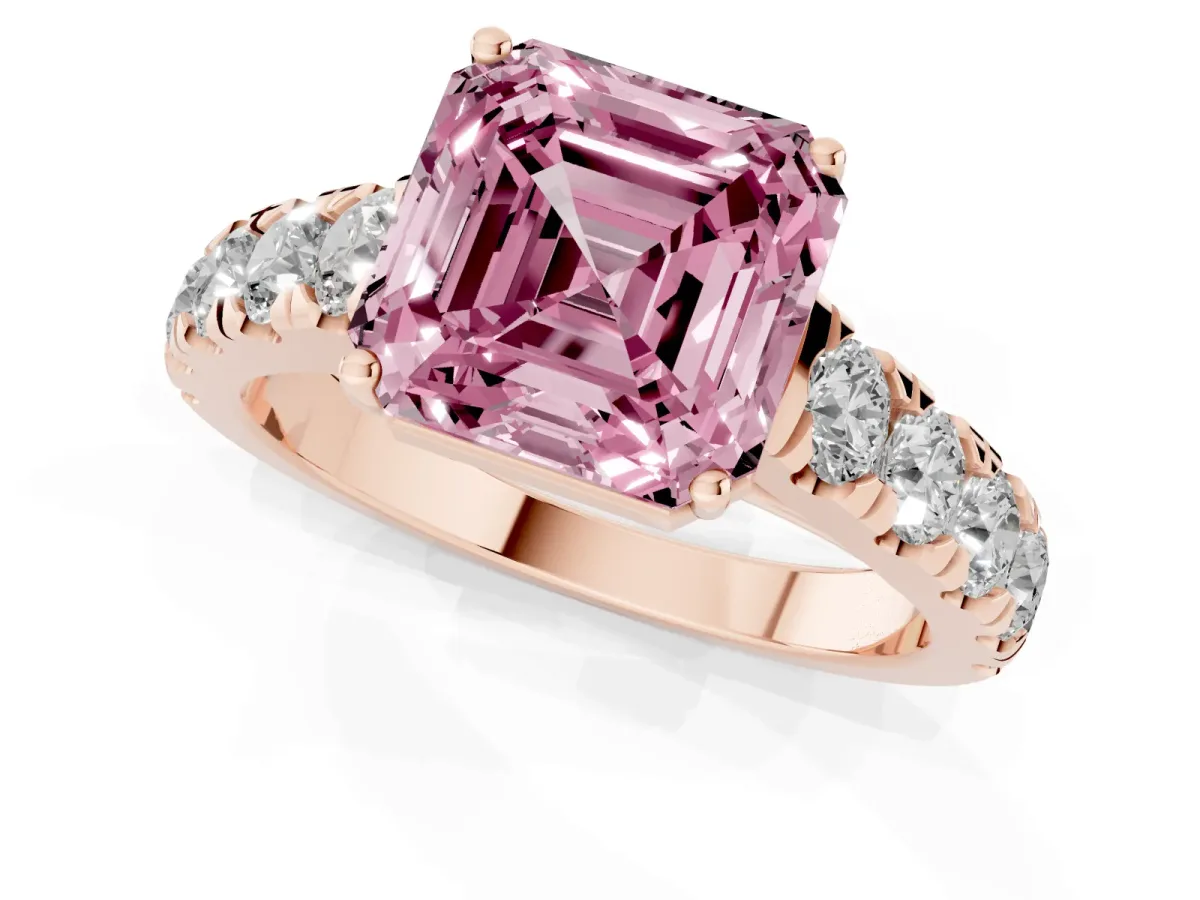 Fancy Pink Asscher Cut Cut Diamond Solitaire Ring with Micro Pave Band and Prong Setting Rose gold