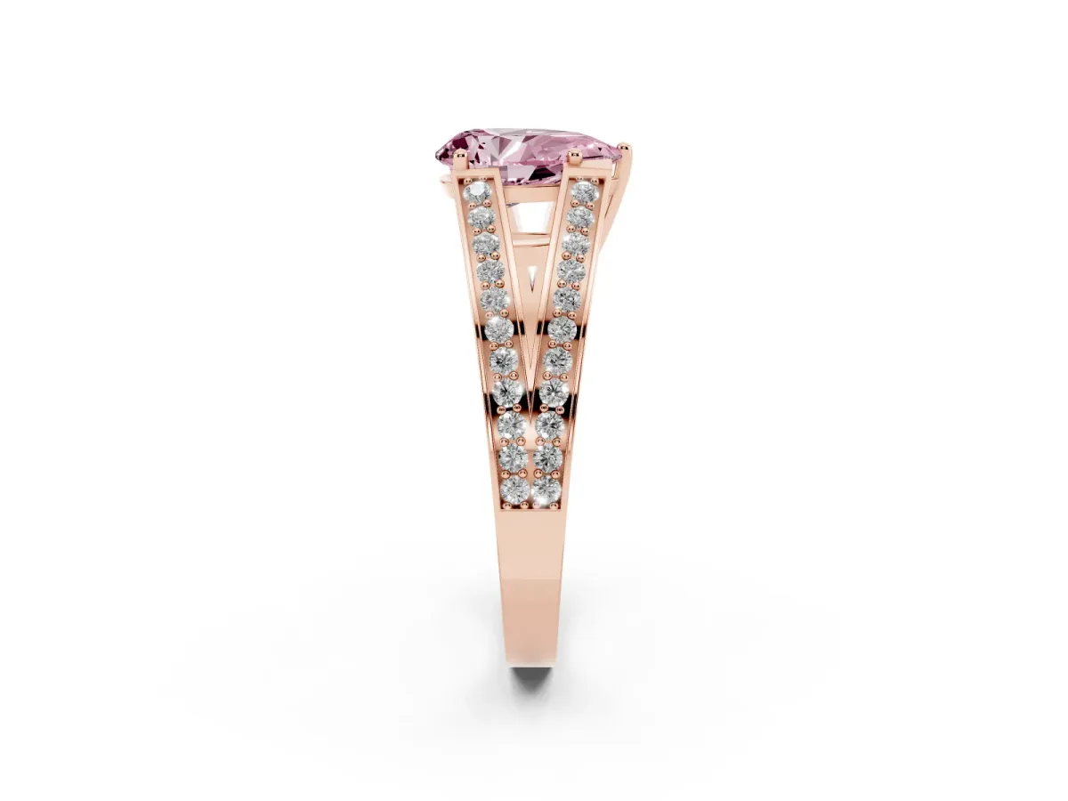 Fancy Pink Pear Cut Diamond Split Shank Ring with Pavé Band and Four-Prong Setting Rose gold