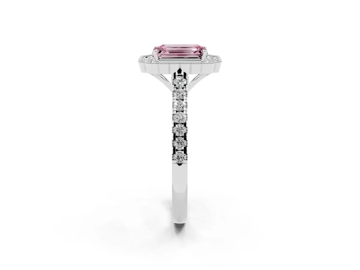 Fancy Pink Emerald Cut Cut Diamond Milgrain Floral Halo Engagement Ring with Pavé Band White gold