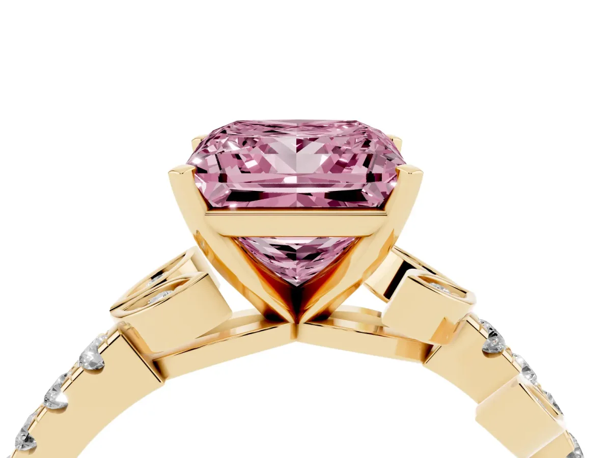 Fancy Pink Princess Cut Solitaire Leaf-Inspired Diamond Ring with Pavé Band and Four-Prong Setting Yellow gold