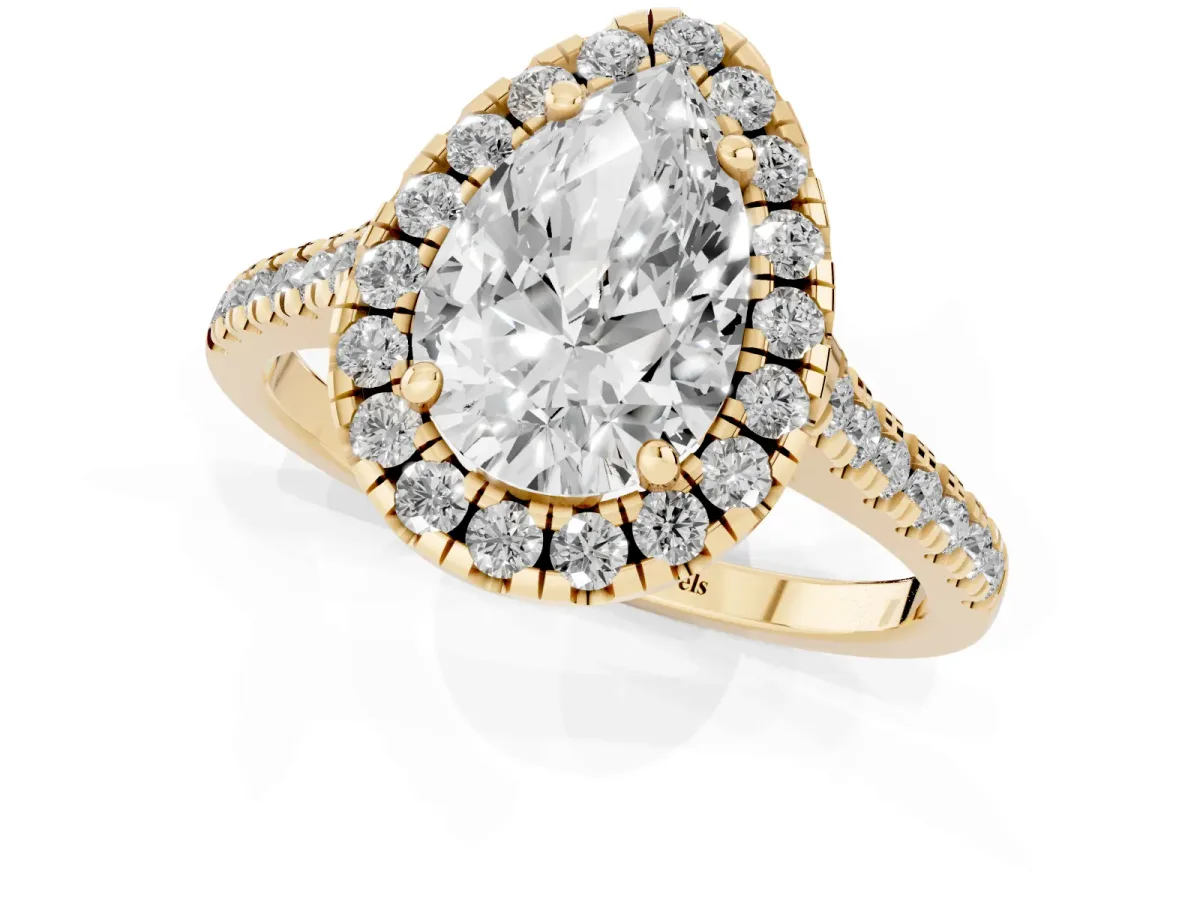 Pear Cut Diamond Cushion Halo Ring with Pavé Band Yellow gold