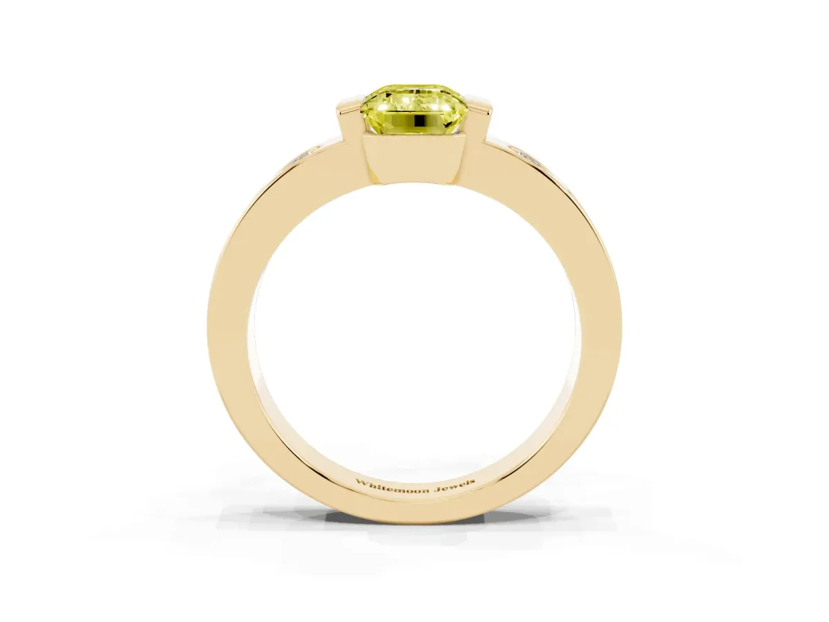 Fancy Yellow Emerald Cut Brilliant Channel-Set Diamond Ring with Bezel Prong Setting Yellow gold