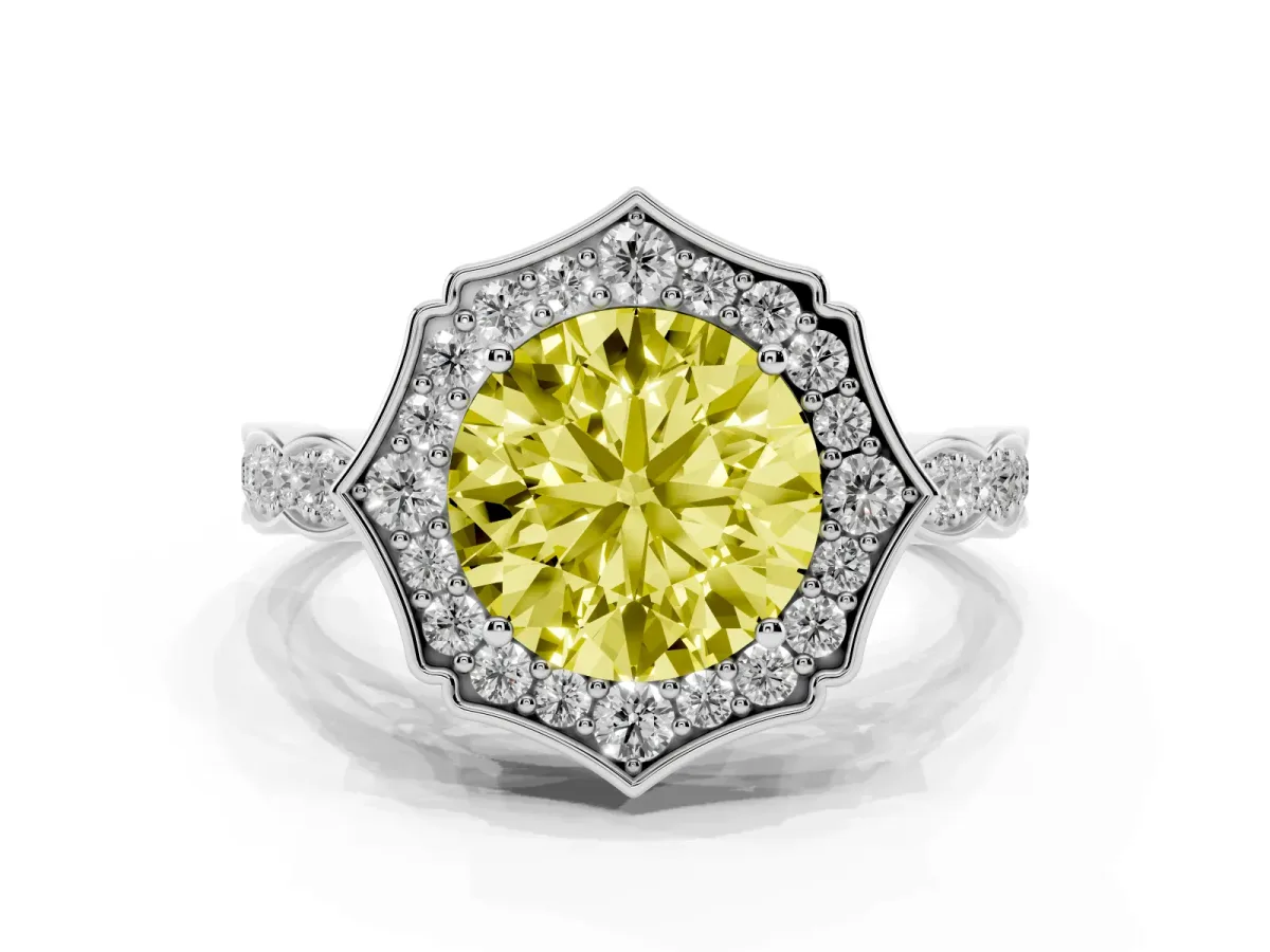 Fancy Yellow Round Cut Halo Diamond Engagement Ring with Milgrain Band and Four-Prong Setting Platinum