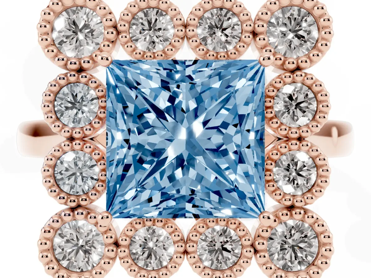 Fancy Blue Princess Cut Halo Diamond Cluster Engagement Ring with Milgrain Bezel Setting and Solitaire Band Rose gold