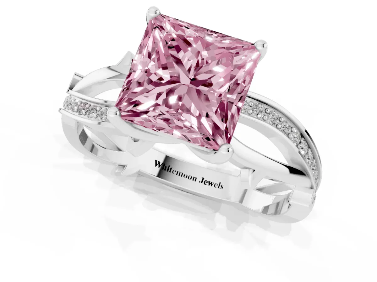 Fancy Pink Princess Cut Solitaire Twist Band with Pavé Accents and Four-Prong Setting White gold