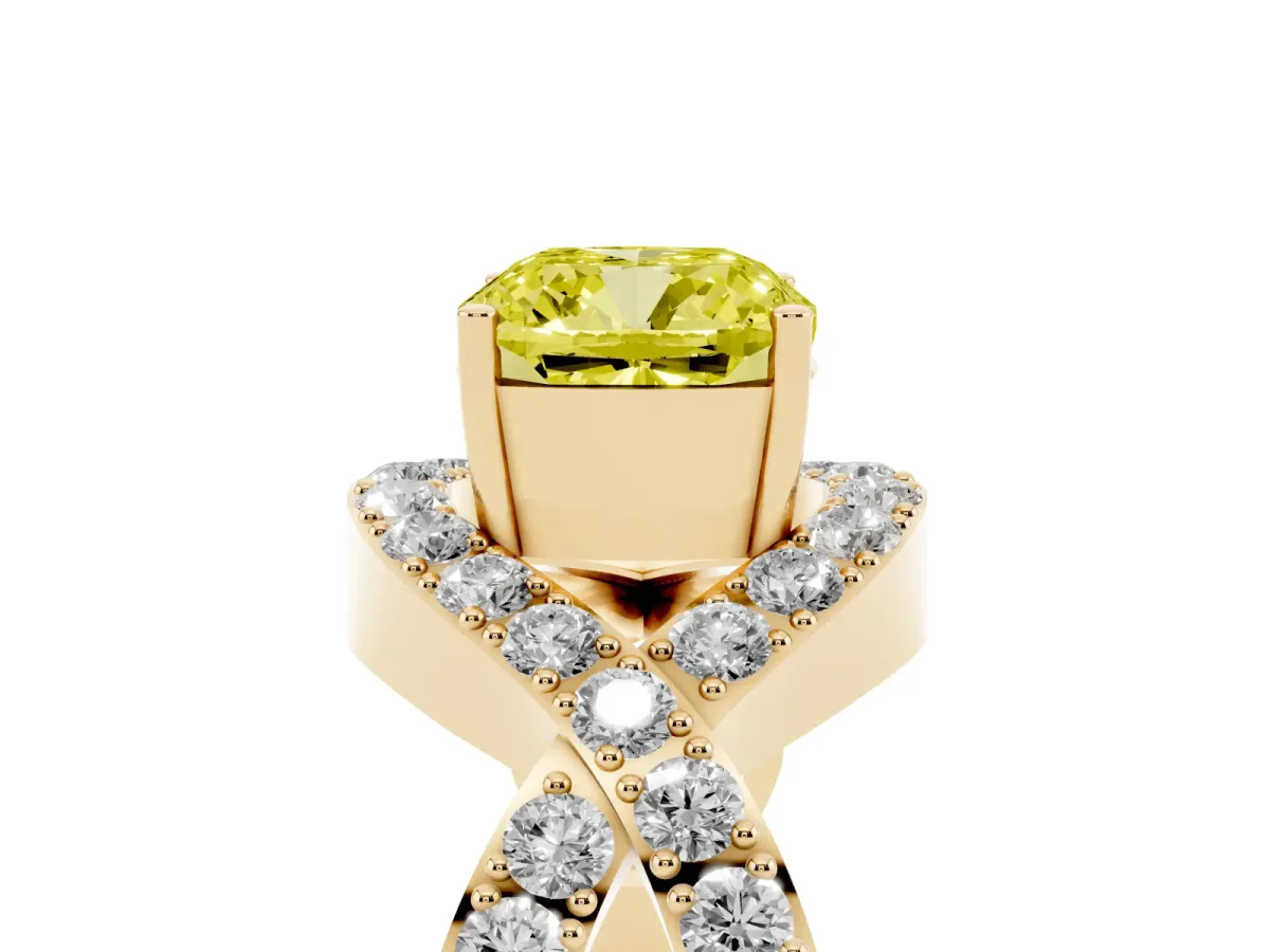 Fancy Yellow Cushion Cut Solitaire Twist Band Pavé Diamond Engagement Ring Yellow gold