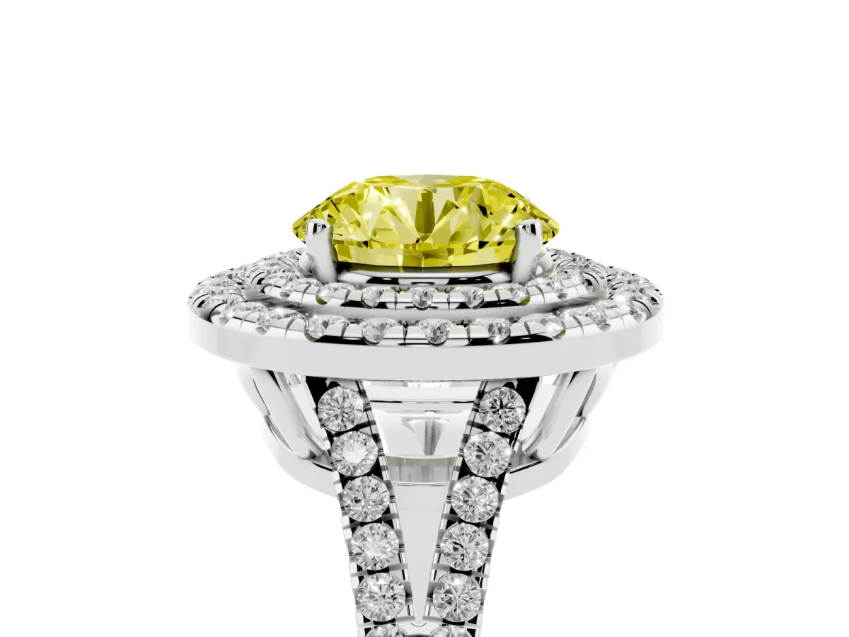 Fancy Yellow Round Cut Diamond Double Halo Ring with Pavé Band and Prong Setting Platinum