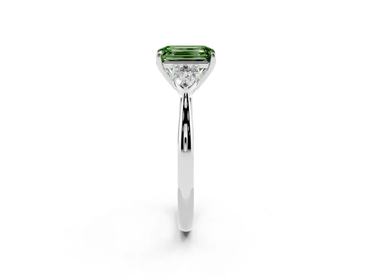 Fancy Green Three-Stone Emerald Cut Brilliant Diamond Solitaire Ring with Tapered Band and Four-Prong Setting White gold