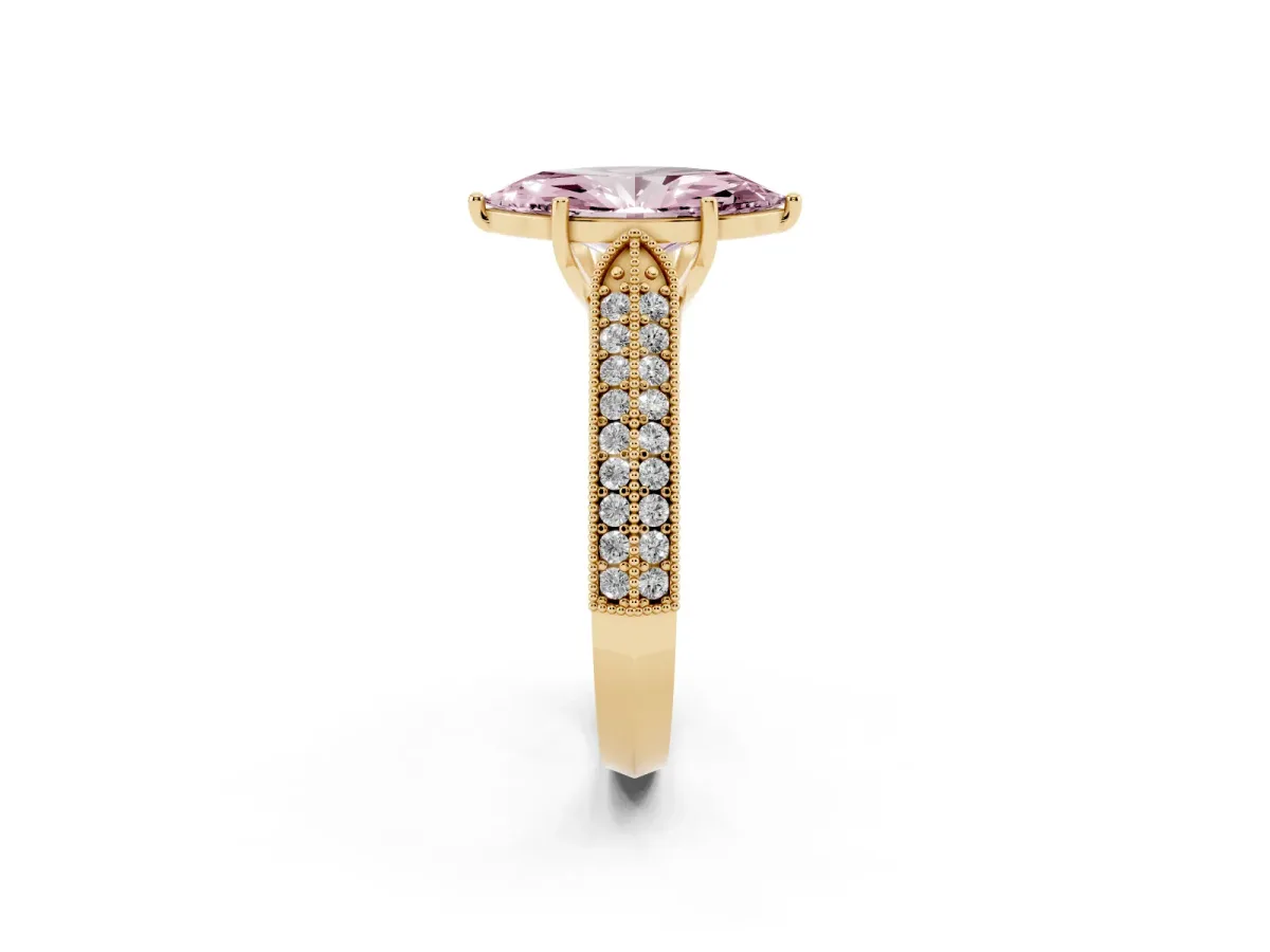 Fancy Pink Marquise Cut Cut Pave Split Shank Engagement Ring with Four-Prong Setting Yellow gold