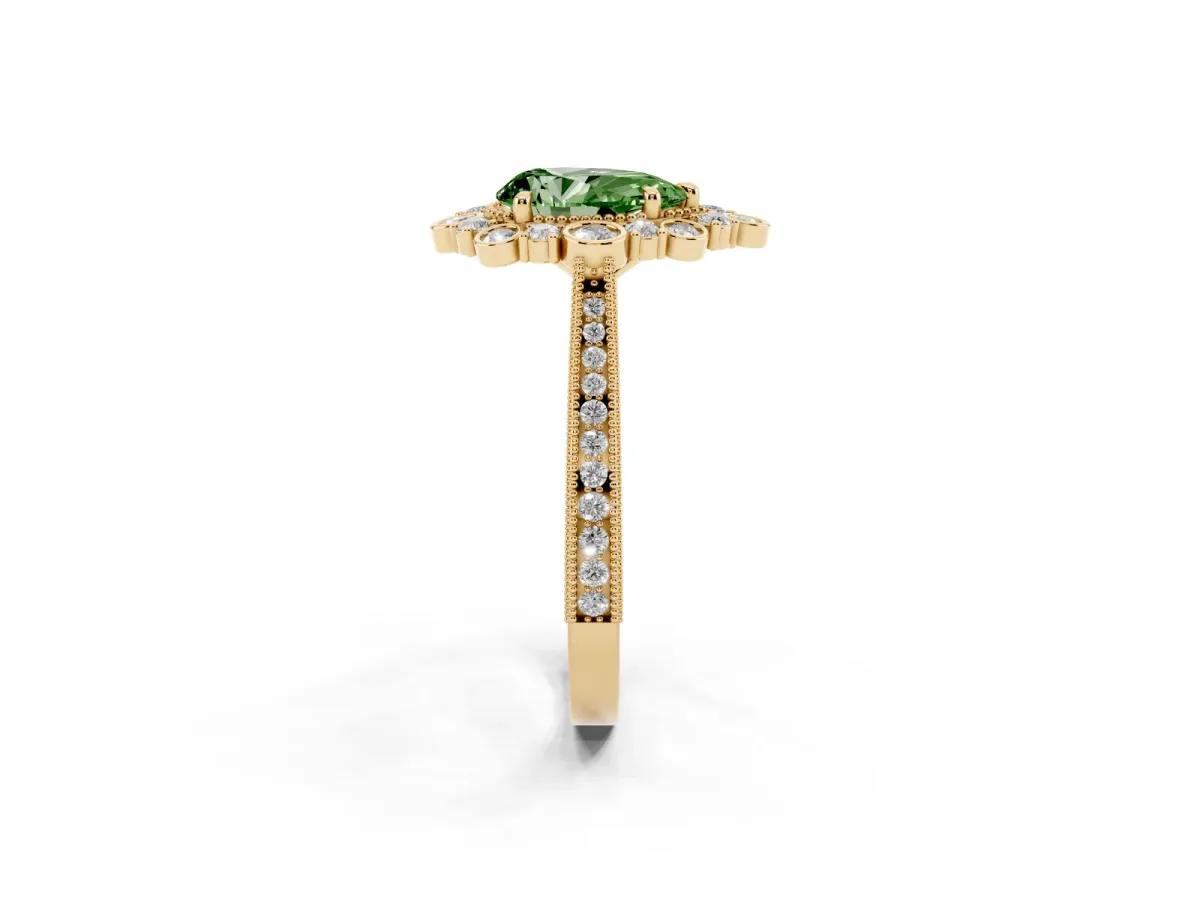 Fancy Green Pear Cut Halo Milgrain Pave Diamond Ring with Four-Prong Setting Yellow gold