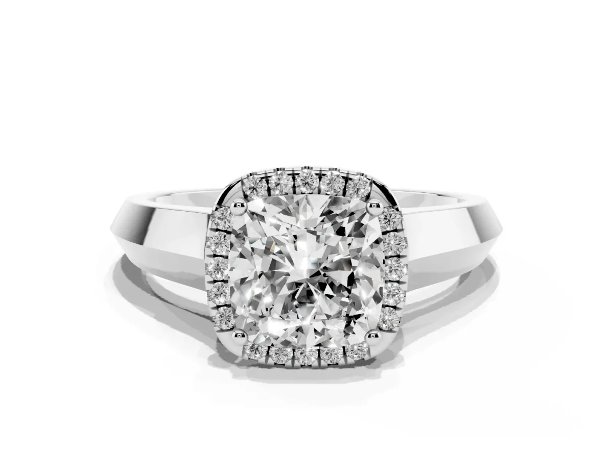 Cushion Cut Halo Diamond Ring with Cathedral Band and Four-Prong Setting Silver
