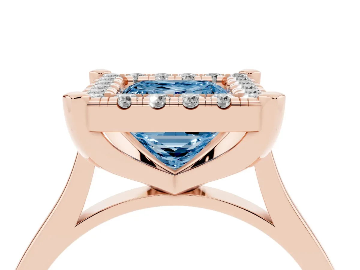 Fancy Blue Princess Cut Diamond Cluster Halo Solitaire with Four-Prong Setting Rose gold