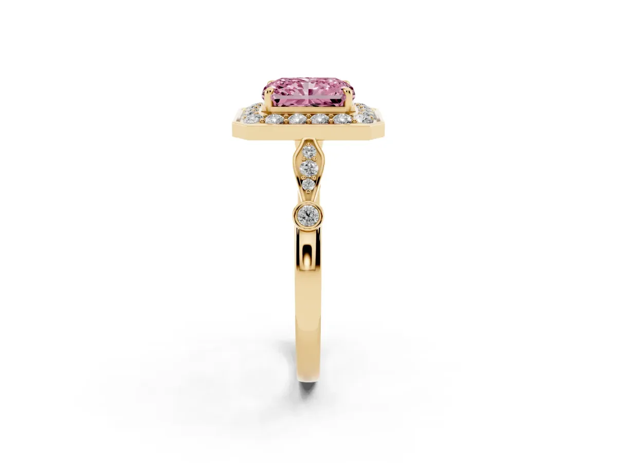 Fancy Pink Radiant Cut Halo Diamond Engagement Ring with Twisted Band and Four-Prong Setting Yellow gold
