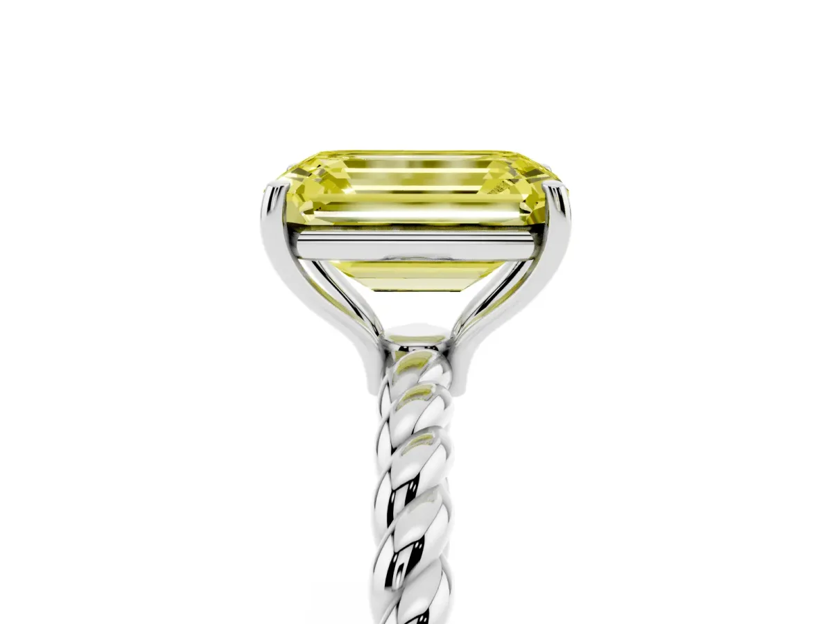 Fancy Yellow Emerald Cut Solitaire Twisted Band 4-Prong Ring Silver