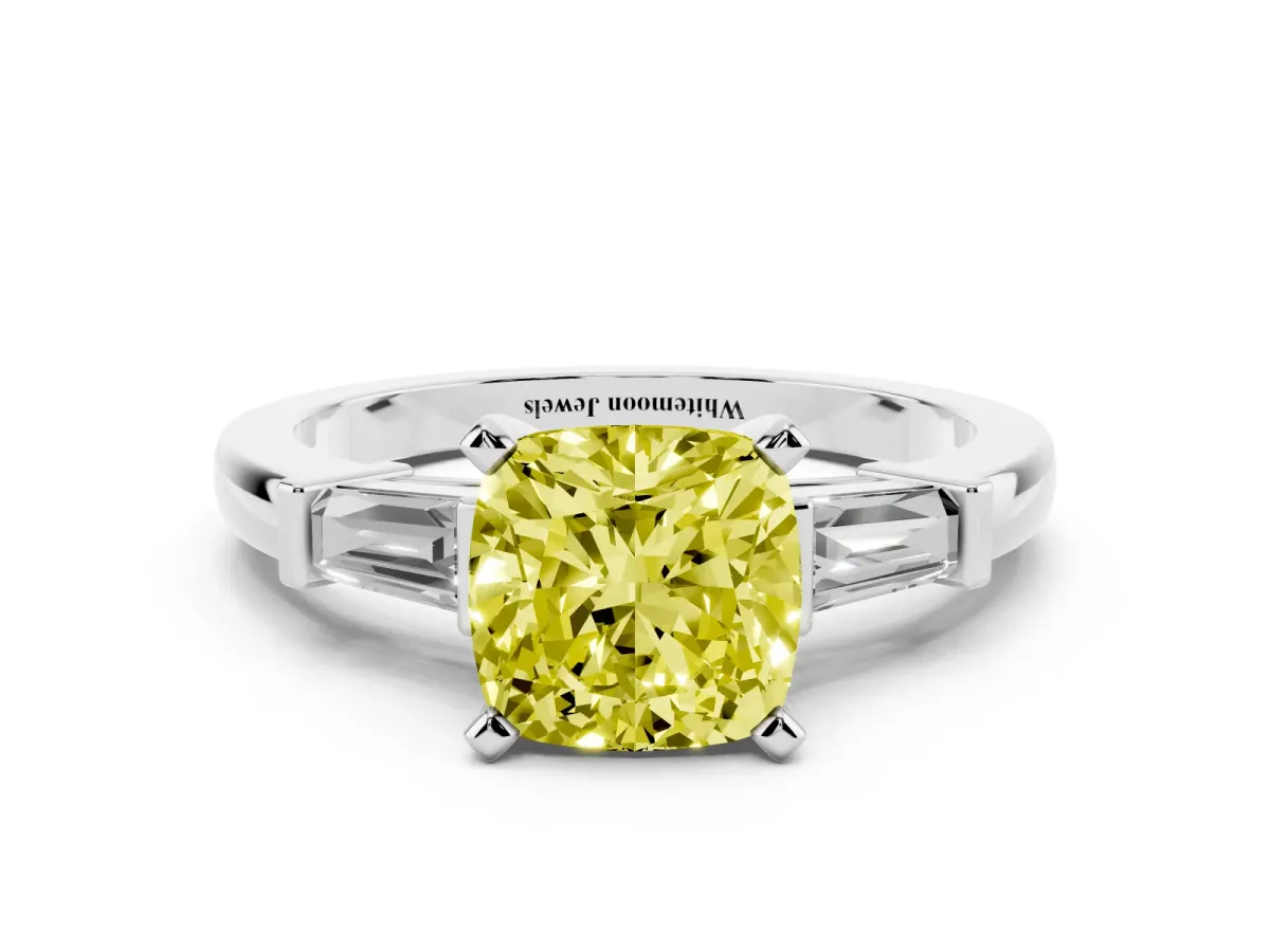 Fancy Yellow Cushion Cut Cut Diamond Solitaire Ring with Tapered Baguette Accents and Four-Prong Setting White gold