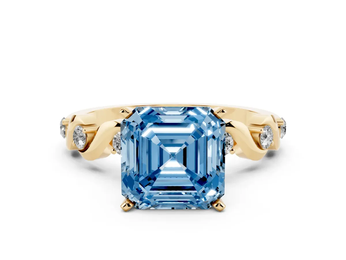 Fancy Blue Asscher Cut Diamond Solitaire Twisted Band with Round Accents and Prong Setting Yellow gold