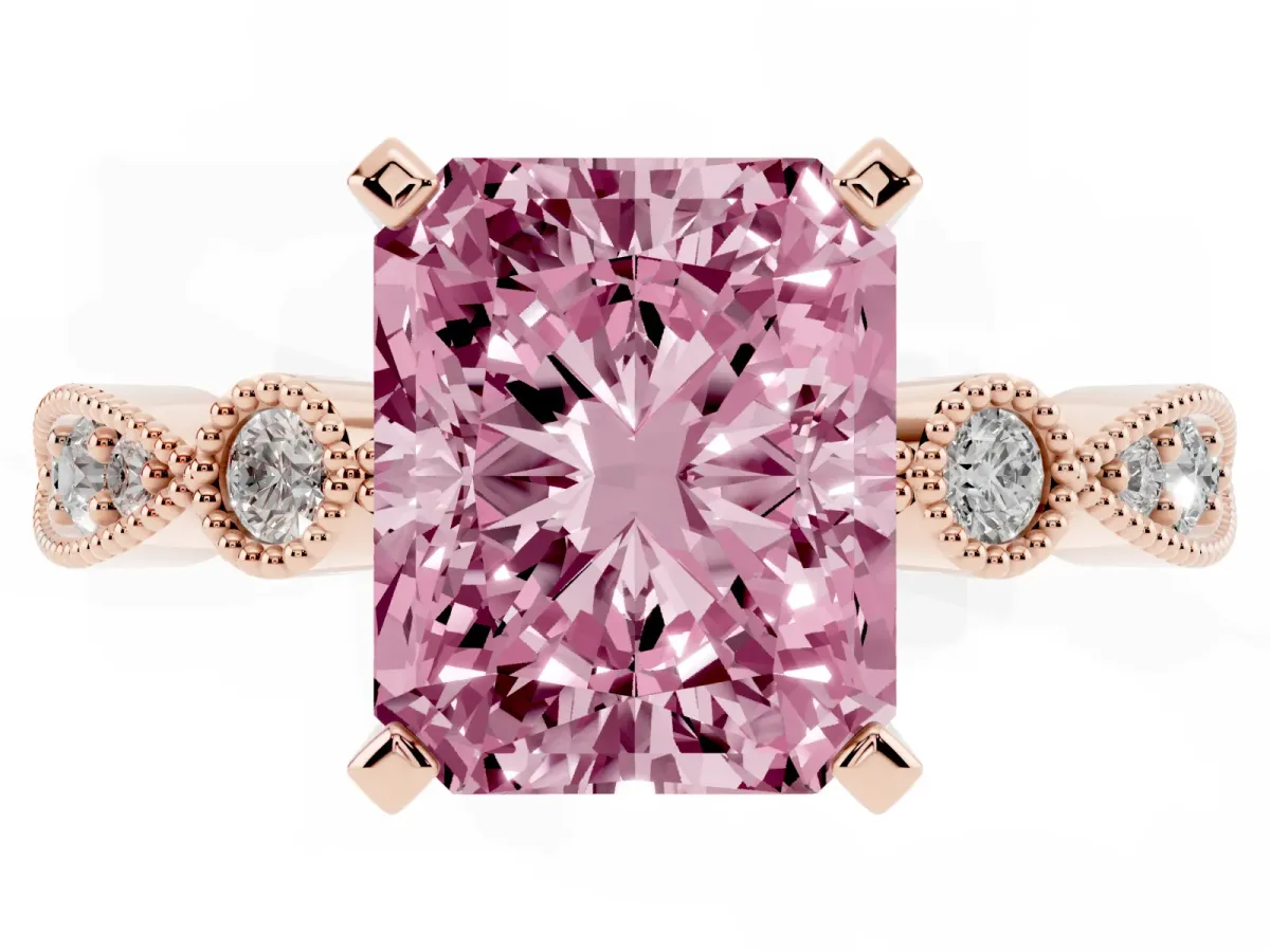 Fancy Pink Radiant Cut Milgrain Bezel Diamond Engagement Ring with Solitaire Prong Setting Rose gold