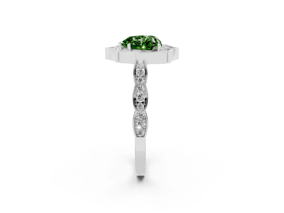 Fancy Green Heart Cut Halo Diamond Engagement Ring with Milgrain Band and Four-Prong Setting Silver