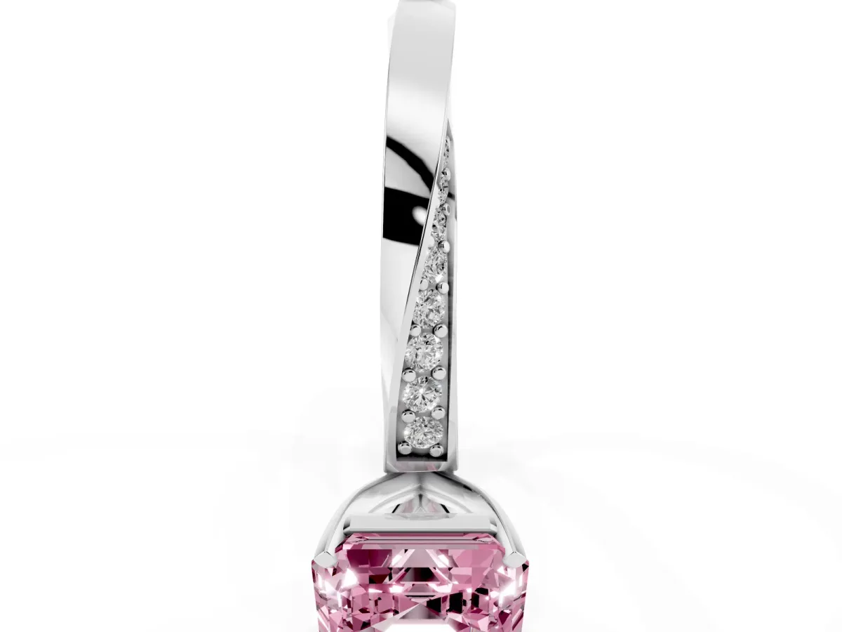 Fancy Pink Asscher Cut Diamond Engagement Ring with Side Stone Accents and Four-Prong Setting Silver
