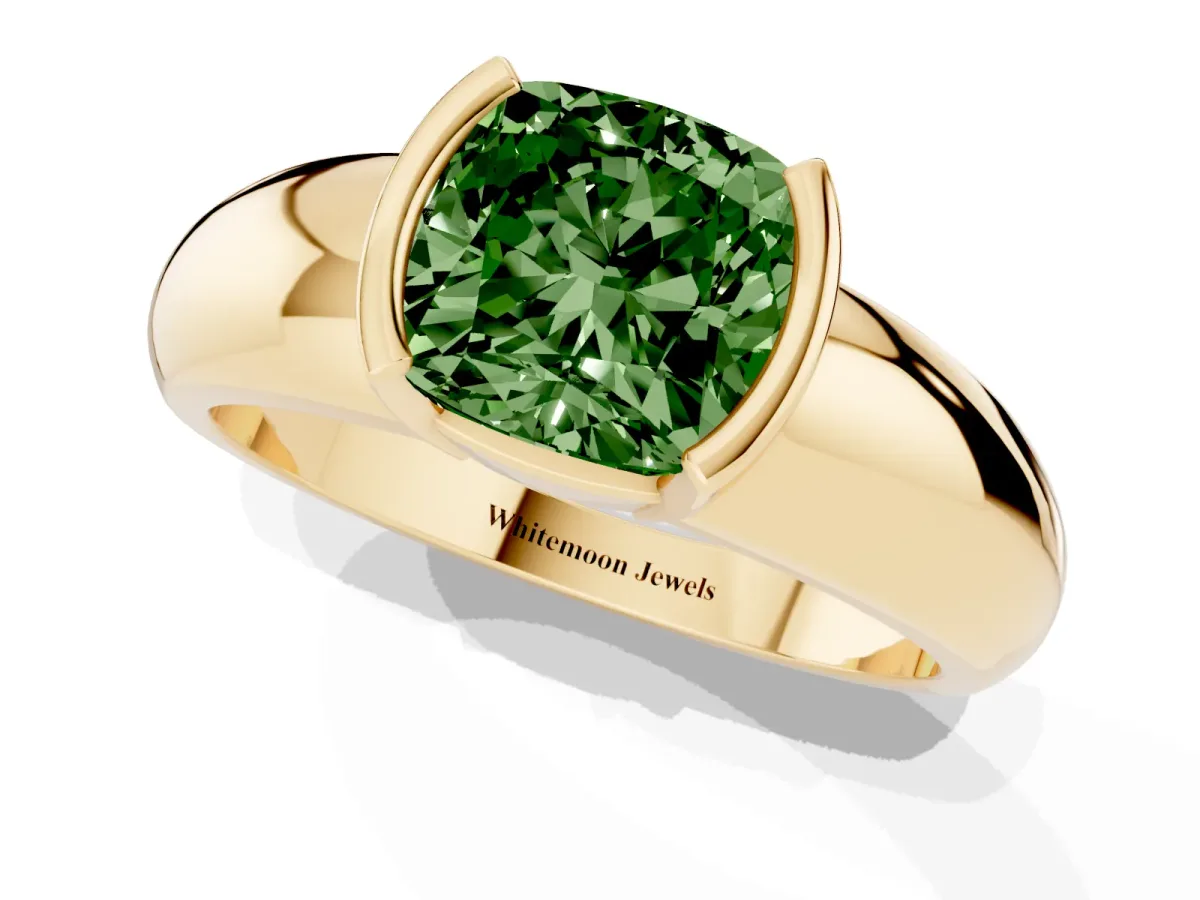 Fancy Green Cushion Cut Solitaire Tension Set Diamond Ring with Wide Band Yellow gold