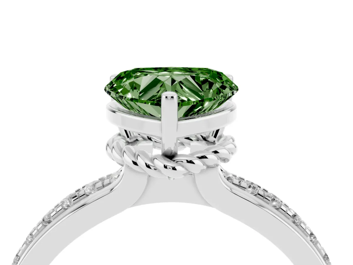 Fancy Green Heart Cut Solitaire Diamond Ring with Channel Set Band and Six-Prong Setting Silver