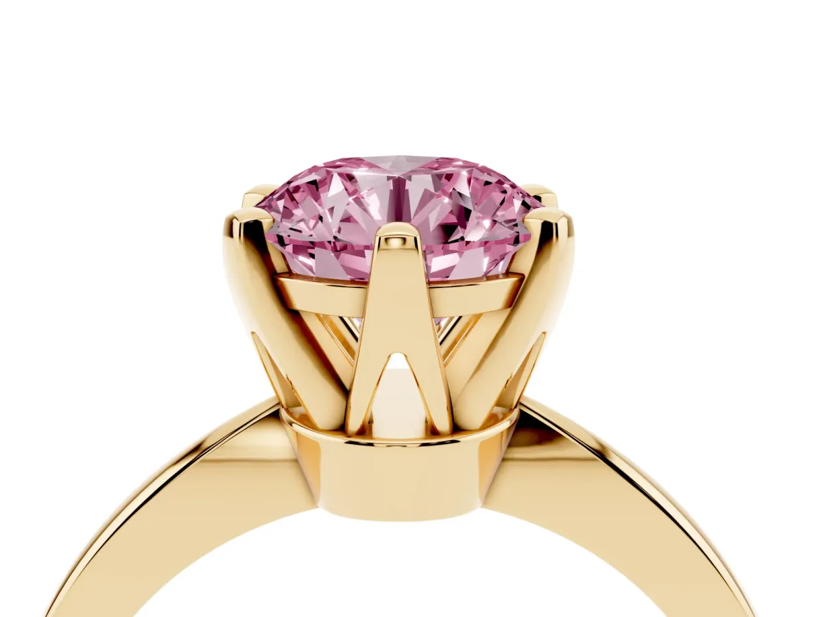 Fancy Pink Round Cut Solitaire Engagement Ring with Six-Prong Setting and Tapered Band Yellow gold