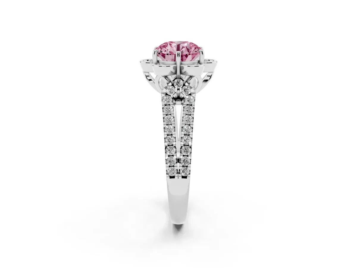 Fancy Pink Round Cut Halo Diamond Floral Split Shank Engagement Ring Silver