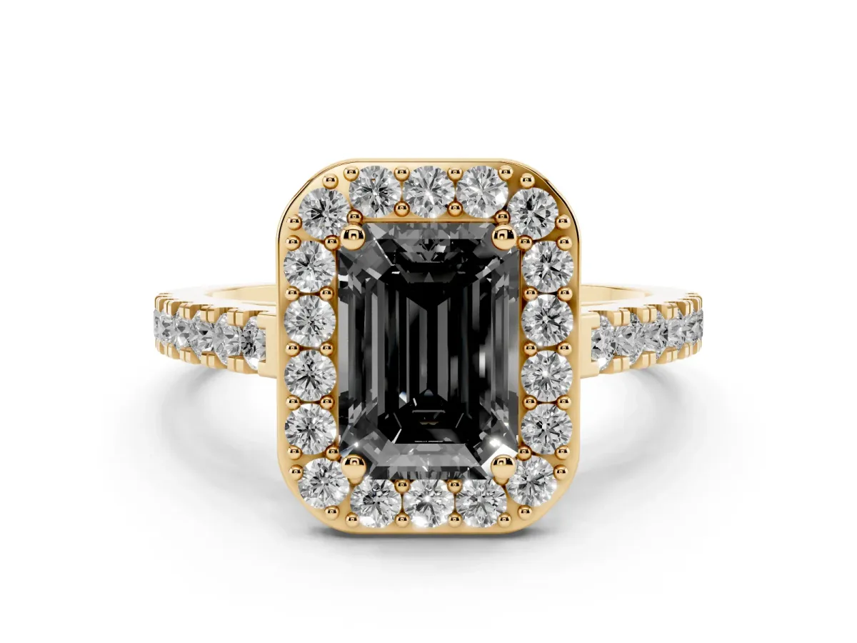 Fancy Black Emerald Cut Diamond Halo Ring with Round Pavé Split Shank and Prong Setting Yellow gold