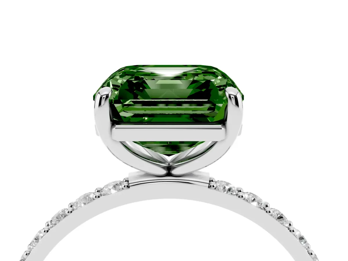 Fancy Green Asscher Cut Diamond Solitaire Ring with Round Pavé Band and Prong Setting Silver